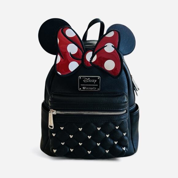 Loungefly Disney Minnie Mouse Mini Backpack Black Quilted With Red Bow - Picture 1 of 8
